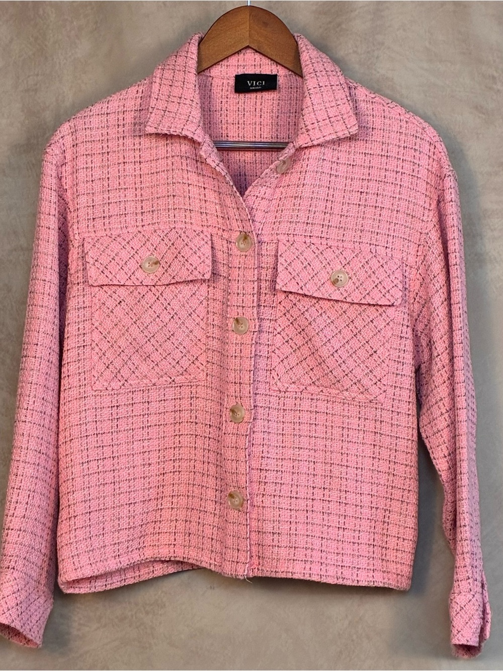 VICI Pink Tweed Bouclé Shacket Shirt Jacket Chanel Style Button Up Sz Small